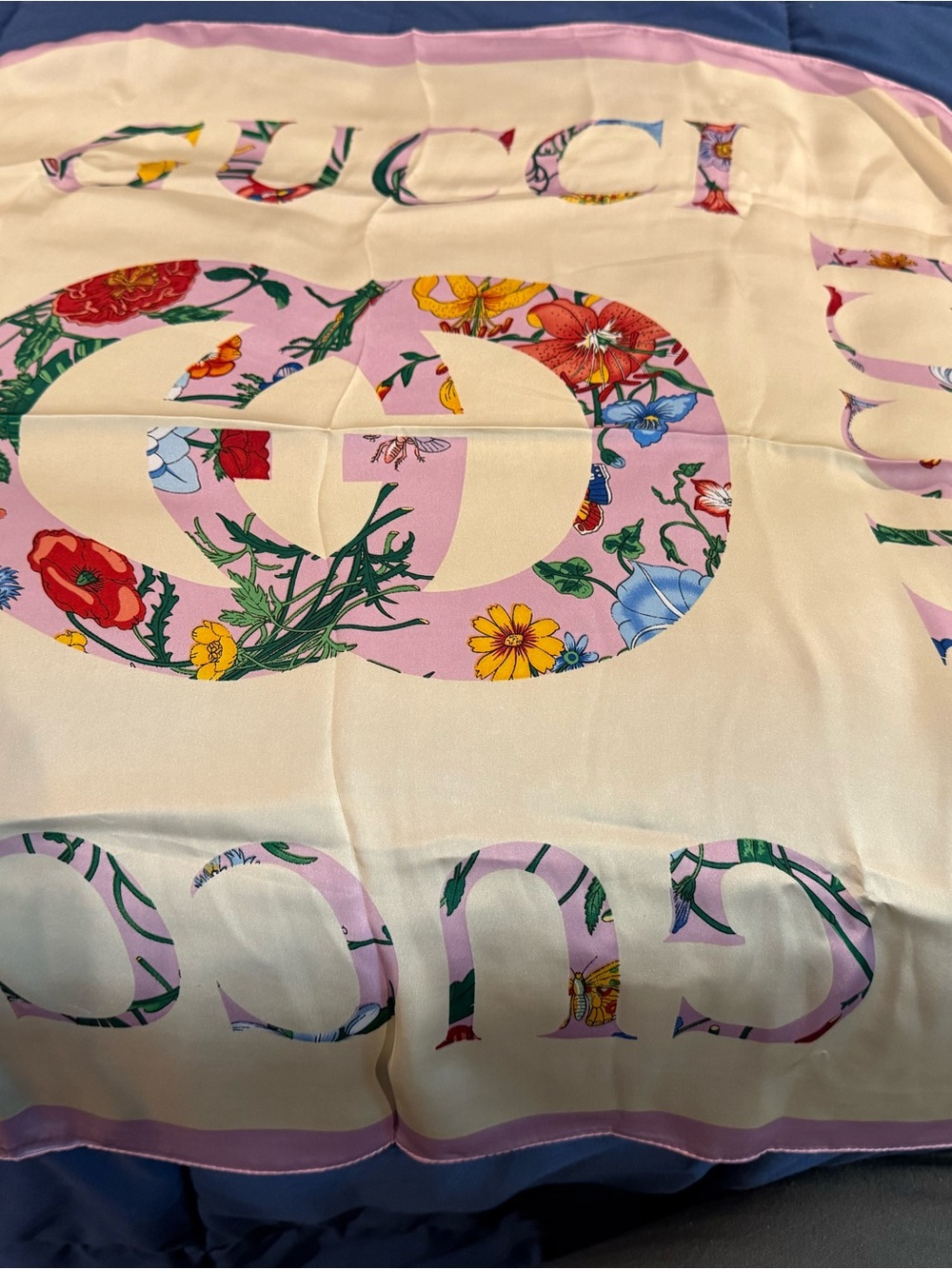 Gucci Floral Logo Silk Scarf - Cream with Pink Floral Accents